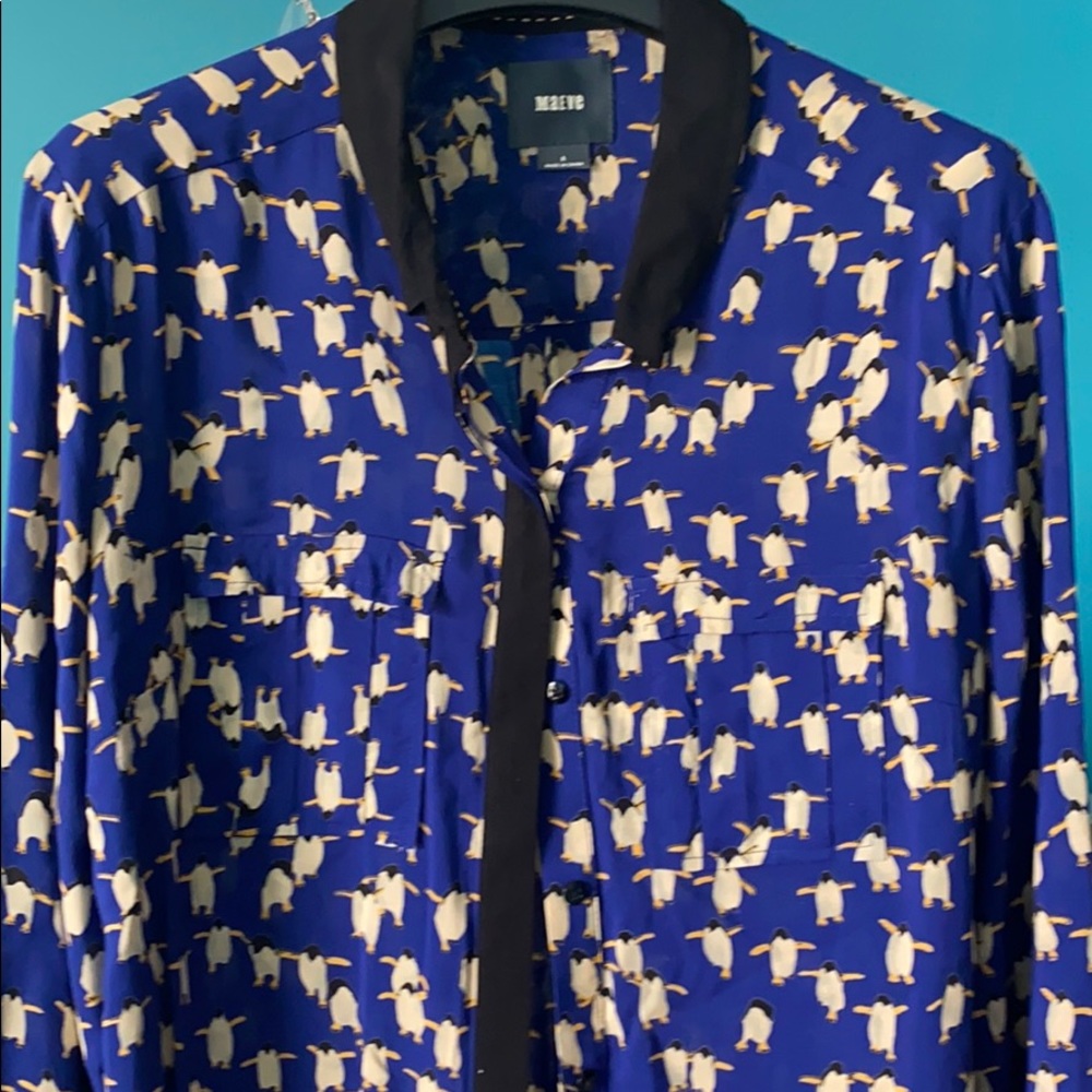 Maeve Blue Button-Up Blouse with Cream Penguin Print